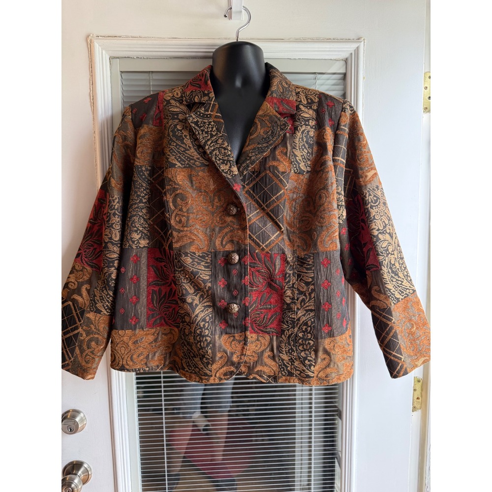 Erin London Tapestry Jacket Womens 1XP Brown Patchwork Boho Button Front